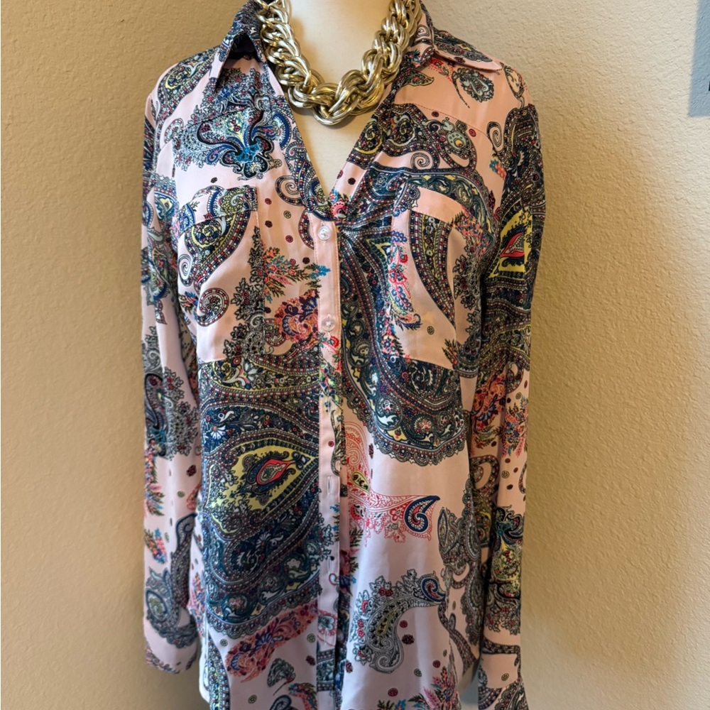Express Multicolored Button Down Blouse with Notched Collar